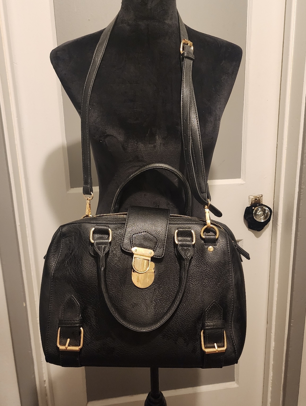 Black Faux Leather Satchel Handbag with Gold Hardware